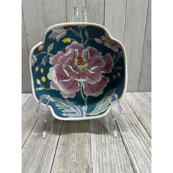 Vtg Chinoiserie Oriental Decorative Bowl Porcelain Painted Teal Floral Pattern - Picture 1 of 7